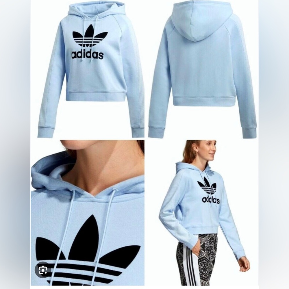 Light baby blue with black suede Adidas logo cropped hoodie size medium